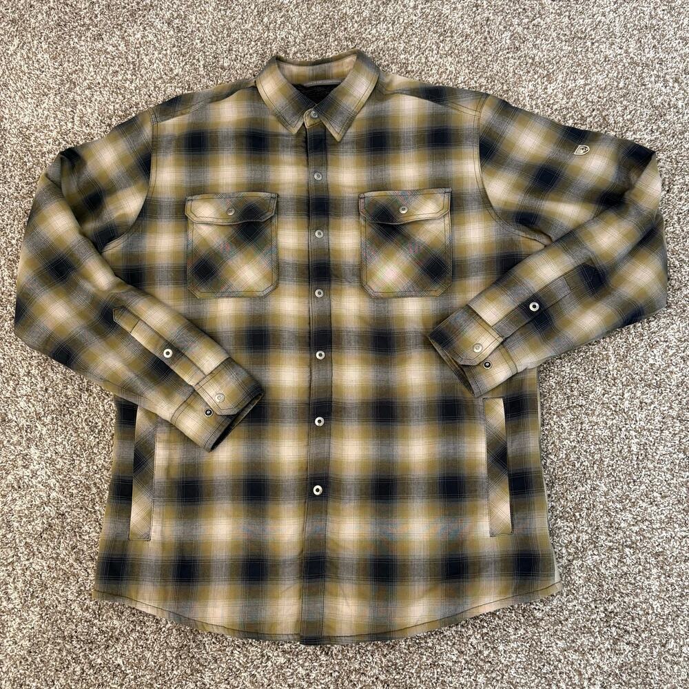 KUHL Joyryder Mens Sherpa Lined Plaid Shirt Jacket Olive Snap Front Med Pockets